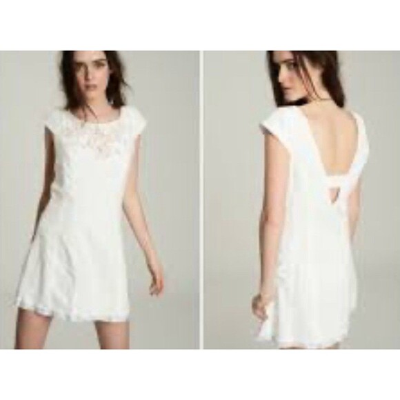 Free People Mini Dress Size 8 White Floral Lace Cap Sleeves Cotton - Picture 4 of 11